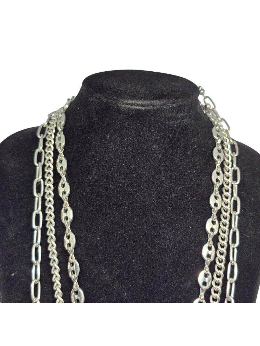 Multi Strand Silver Tone Layered Chain Necklace Paperclip Curb Link Adjustable - Picture 3 of 7